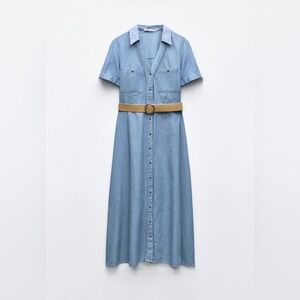 ZARA Cotton Short Sleeve Button Front Midi Shirtdress With Belt Blue  M